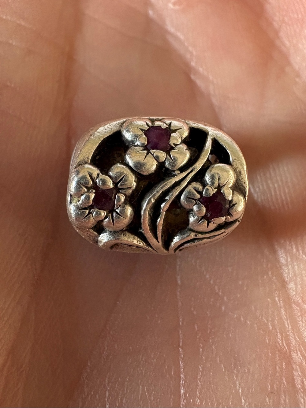 Vintage 925 Sterling Silver Floral Slider Charm Bead with Purple Stones